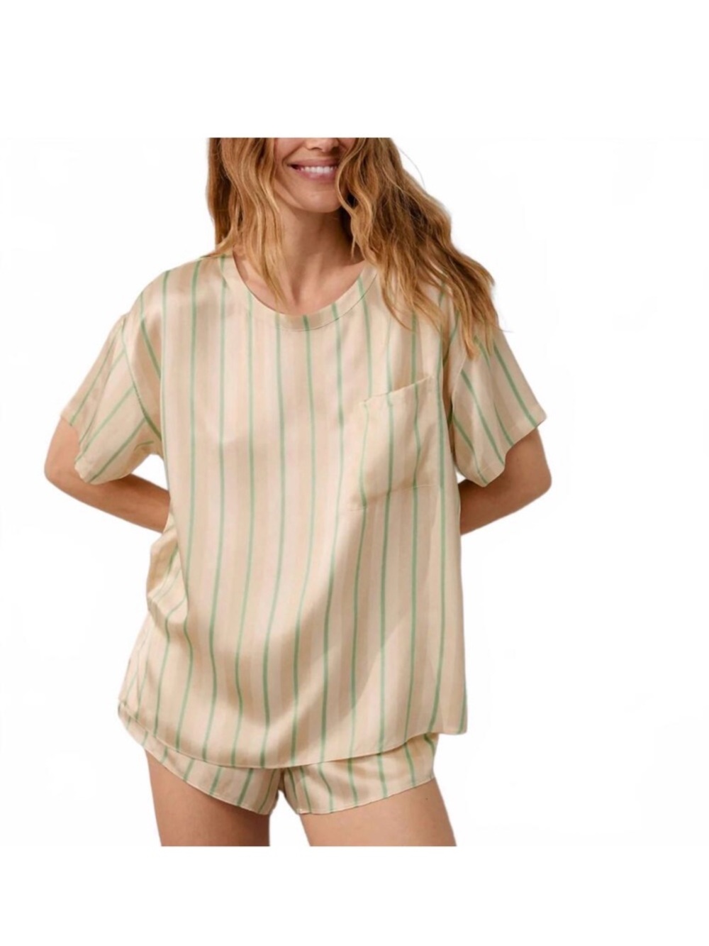 NEW LUNYA silk tee short set in pampas stripe sz Small
